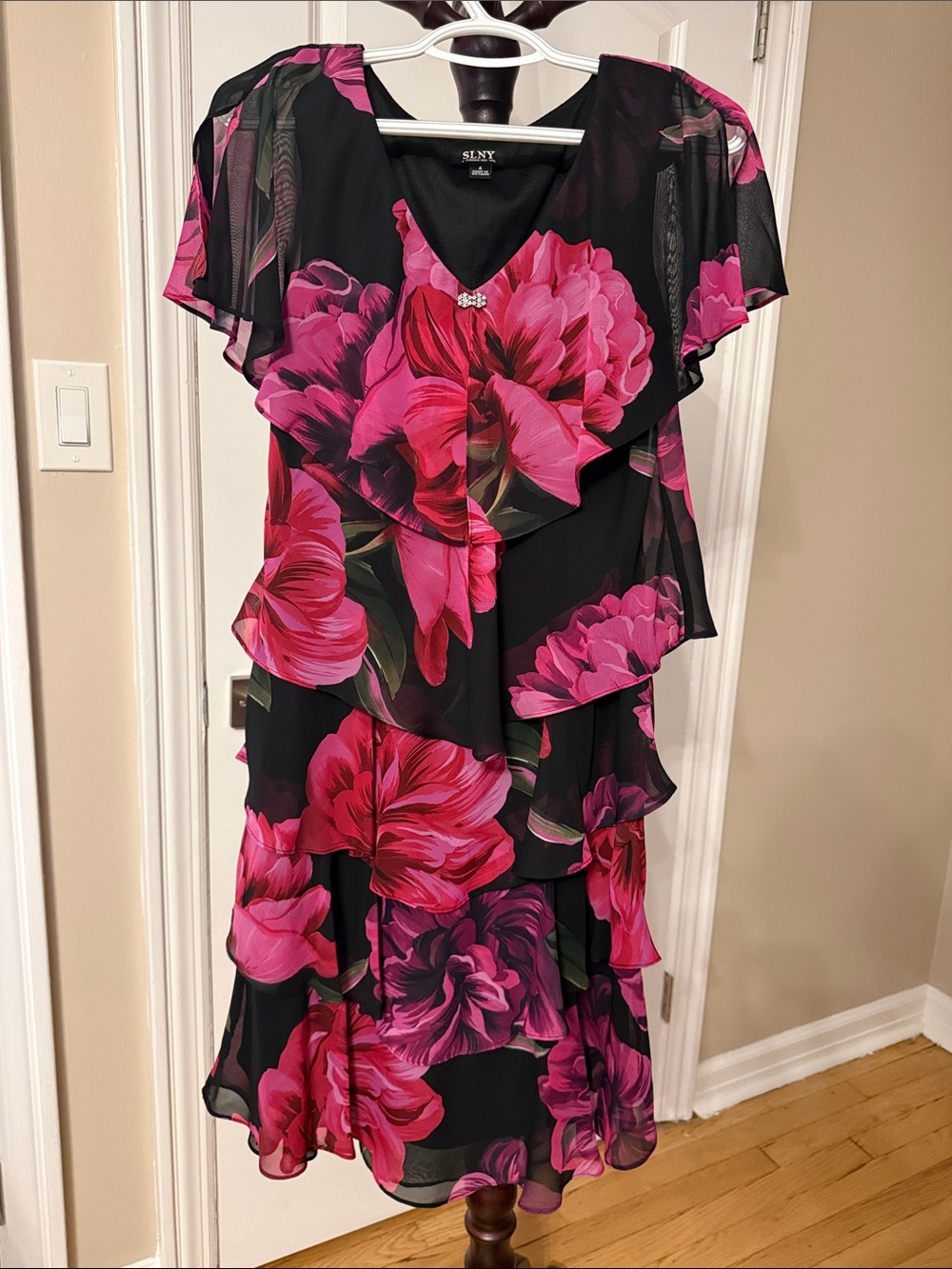 SLNY Black Midi Dress with Pink Floral Overlay